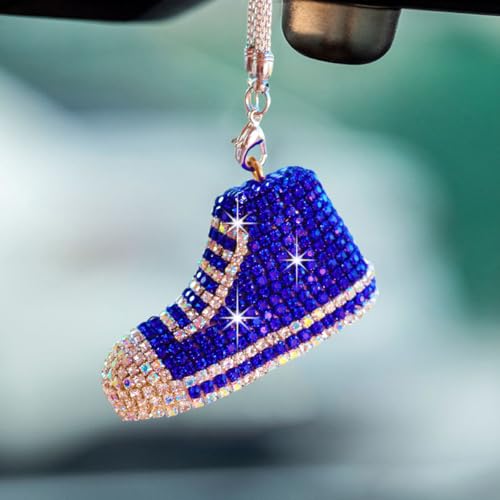 Bling Sneaker Shoe Sparkly Car Hanging Ornament, Cute Crystal Rear View Mirror Pendant, Diamond Rearview Mirror Charms, Lucky Car Interior Decor Accessories (Blue) - color: Blue