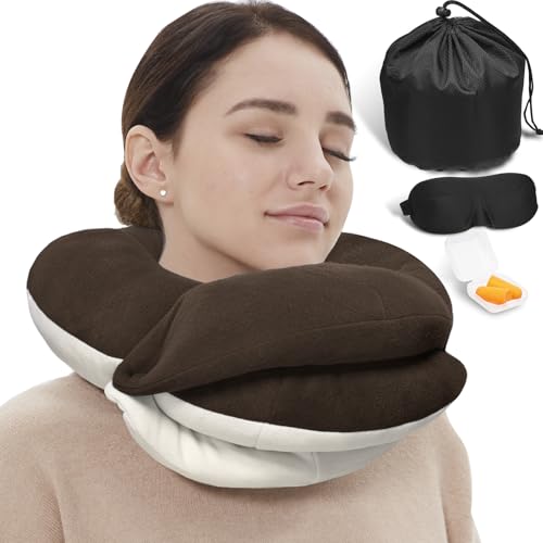 BUYUE Travel Neck Pillows for Airplanes, Memory Foam 360° Head Support Sleep for Long Flight, Skin-Friendly & Breathable, Kit with Eye Mask, Earplugs and Storage Bag (Adult, Brown, 90+ lbs) - color: Brown, size: Adult