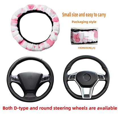 Pinbola 5pcs in 1 Set Faux Wool Steering Wheel Cover Soft Fluffy Handbrake Cover & Gear Shift Cover & 2pcs Seat Belt Shoulder Pads Warm Universal Fit for 15 Inch (Cow Pink) - color: Cow Pink