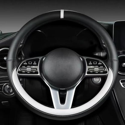 Morandi Color Steering Wheel Cover, Nappa Leather, Fashionable Sporty Style, Universal 15 inches,Black and White - color: Black and White