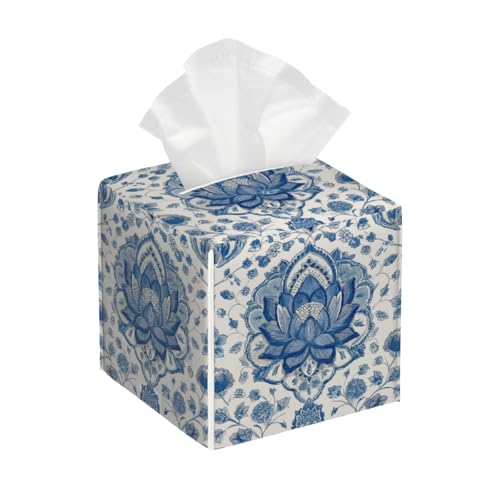 Boho Tissue Box Cover PU Leather Square Tissues Holder Blue Mandala Lotus Floral Decorative Facial Paper Organizer Dispenser for Bedroom Bathroom Vanity,Home Office Car - color: Blue