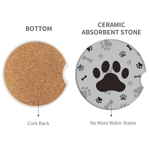 Absorbent Car Coasters 2 Pack for Cup Holders, 2.56" Ceramic Stone & Non-Scratch Cork Base Drink Coasters Dog Footprints