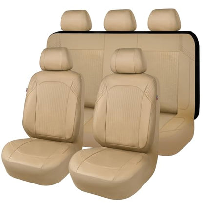 Flying Banner Synthetic Leather car seat Covers Full Set Front and Rear Bench Fashion Easy Installation Cup Holder Free (Solid Beige, Low Bucket - Full Set)
