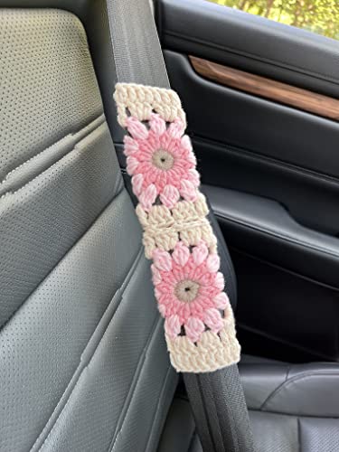 Crochet Sunflower Car Steering Wheel Covers Light Pink Universal 14-15 inch for Women/Men (Steering Wheel Cover+2 Belt Cover) - color: Steering Wheel Cover+2 Belt Cover
