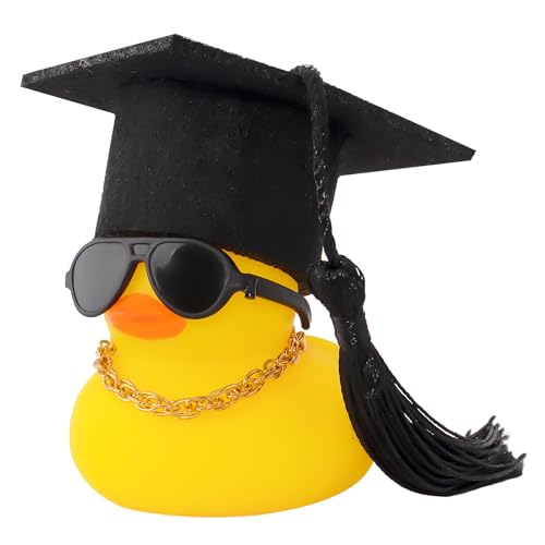 wonuu Car Dashboard Decor Graduation Hat Rubber Duck, Car Ducks Ornaments with Mini Hat Necklace Sunglasses Scarf (Black) - color: Black