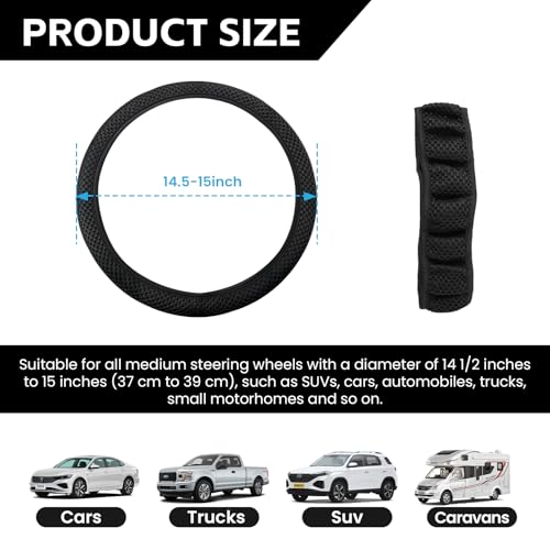 Elastic Stretch Car Steering Wheel Cover, Comfortable Steering Wheel Cover Universal for 14.5-15 Inch, Warm in Winter & Cool in Summer, Anti-Slip Breathable Ice Silk (Black) - color: Black