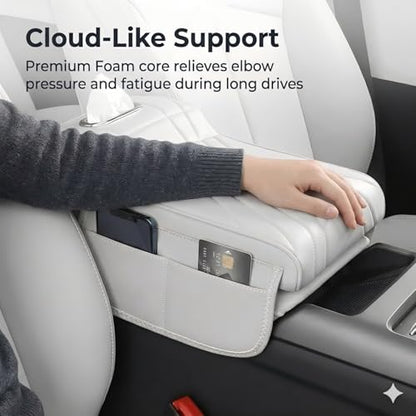 Car Center Console Cover with Tissue Box Holder, Foam Auto Armrest Cushion Pad with Side Storage Pockets, Multifunctional Waterproof PVC Leather Car Armrest Box Mat, Universal Fit, White - color: White-2