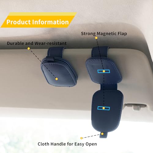 Yuoyar Sunglass Holder for Car, Magnetic Leather Sunglasses Holder and Ticket Card Clip, Car Visor Accessories, 2 Packs (Blue) - color: Blue