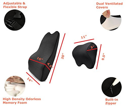 Tektrum Orthopedic Entire Back Support Full Lumbar Cushion for Car & Headrest Neck Pillow Kit - Ergonomic Thick 3D Design Fit Body Curve - Back, Neck Pain Relief, Improve Posture -Black (012011-A)
