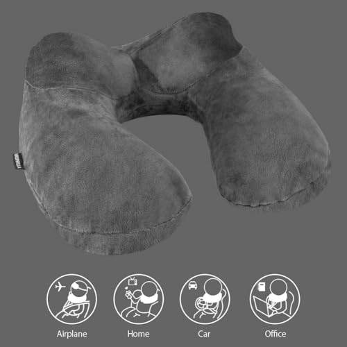 Inflatable Travel Pillow, Soft Velvet Inflatable Neck Pillow for Traveling, Airplanes, Train, Car, Office with Compact Bag, Breathable Washable Cover, Suit for Adults Sleeping - Grey - color: Grey