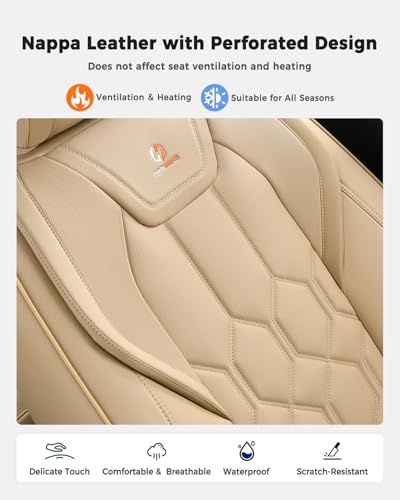 Huidasource Seat Covers Full Set, Universal Fit for Most Cars SUVs Trucks, Full Coverage Leather Automotive Seat Cover, Airbag, Cupholder Compatible, Seat Function Retain, Velcro Adjustable, Beige - color: FS: Beige, size: Full Set