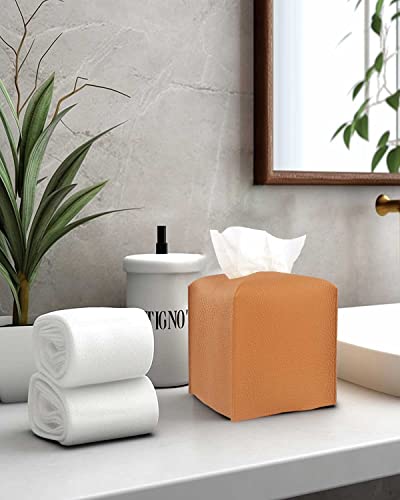 Tissue Box Holder Tissue Cover – Square Faux Leather Tissue Box Cover with Bottom Belt [JESMINI, Camel Brown] Tissues Cube Box Cover for Bathroom/Night Stands/Office - color: Camel Brown