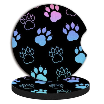 Absorbent Car Coasters for Cup Holders, 2 Pack Universal Neoprene Car Coasters with Finger Slot, Auto Accessories for Women & Men,2.56"(Gradient Black Dog paw Print)