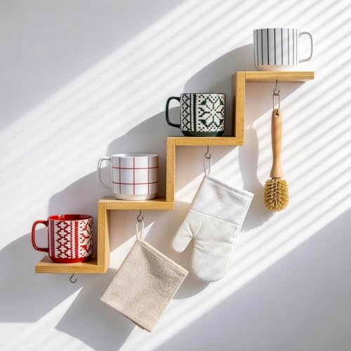 Yohsnor Coffee Cup Holder Wall Mounted - Multi-Layer Mug Mount Rack with Hooks for Hanger, Space-Saving Display Solution for Kitchen and Living Room Home Decor, Ideal for Organizing Coffee Cups - color: Light brown