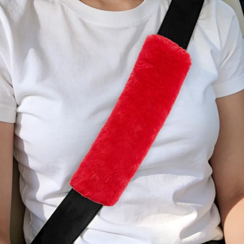 2PCS Car Seat Belt Cover Pads, Fluffy Car Seatbelt Covers, Soft & Comfortable Plush Seat Belt Cushion Protects Shoulder, Auto Safety Belt Strap Cover to Protect Your Neck (Red) - color: Red
