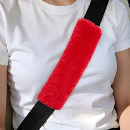 2PCS Car Seat Belt Cover Pads, Fluffy Car Seatbelt Covers, Soft & Comfortable Plush Seat Belt Cushion Protects Shoulder, Auto Safety Belt Strap Cover to Protect Your Neck (Red) - color: Red