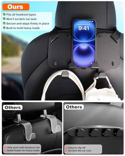 Adjustable Car Seat Headrest Hooks, Universal Fit for All Headrest Styles, Purse Hook with Phone Holder, Car Purse Hooks for Bags, Multifunctional Car Organizers and Storage