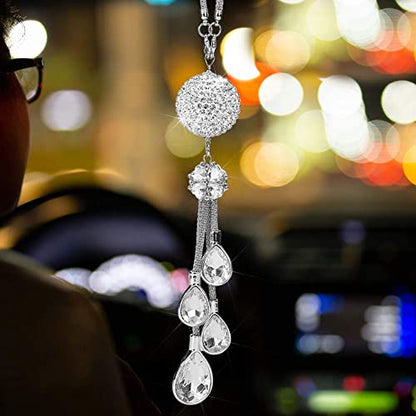 OTOSTAR Bling Crystal Ball and Drops Car Hanging Accessories, Rear View Mirror Pendant Charms Interior Sun Catcher Ornament, Bling Accessories for Women Girls (White)