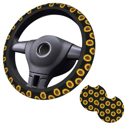 Yellow Sunflower Steering Wheel Cover Yellow Sunflower Steering Wheel Covers Car Cup Holder Pad 2 Pack Universal 15 Inch Steering Wheel Cover Women Men Anti Slip Breathable Wheel Cover Protector - color: Sunflower