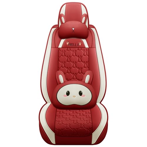INZU Cute Cartoon Rabbit Comfortable Car Seat Covers with Waterproof PU Leather Suitable for Most 5 Seats Cars SUV and Pick-up Truck Universal Fit Set (Wine) - color: Wine
