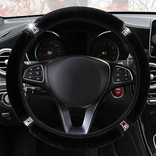 LABBYWAY Plush Steering Wheel Cover with Bling Bling Crystal Rhinestone, Universal 15 Inch Elastic Fluffy Steering Wheel Accessories for Women Girls, Black - color: Black