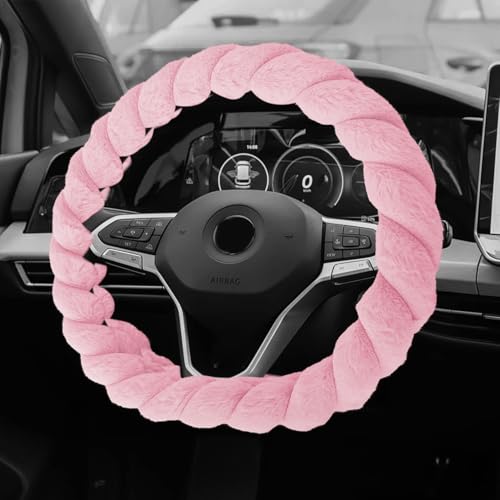 Luxury Fluffy Winter Car Steering Wheel Cover for Women, Steering Wheel Protector, 15" Fluffy Soft Breathable Warm Non-Slip Decoration, Twisted Fur Car Cover for Vehicles (Pink, D-Shape)
