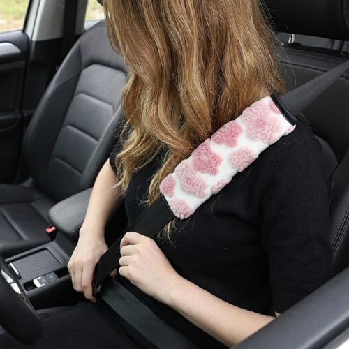 2 Pack Cute Floral Seat Belt Cover, Soft Plush Lamb Wool Shoulder Pad with Hook & Loop Easy Install, Universal Fit Car Accessories (Pink)