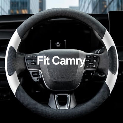 West Llama Customized Auto Car Steering Wheel Cover for Toyota Camry 2006-2026, Microfiber Leather, Anti-Slip, 14.5-15inch, Black + White - color: A-Black+White