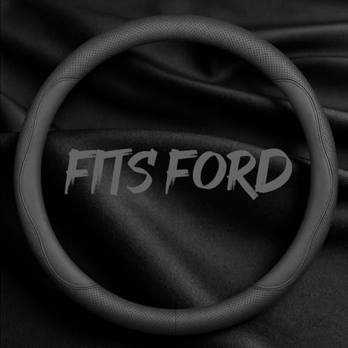 Leather Car Steering Wheel Cover, Breathable Laser-Perforated, Pure Black Double Lines, Rich Texture, 14.5-15 Inch for Ford - color: Pure black dual lines, size: For Ford