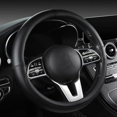 Morandi Color Steering Wheel Cover, Nappa Leather, Fashionable Sporty Style, Universal 15 inches，Black - color: Black