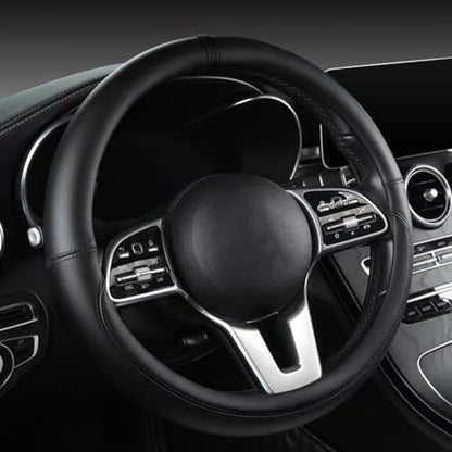 Morandi Color Steering Wheel Cover, Nappa Leather, Fashionable Sporty Style, Universal 15 inches，Black - color: Black