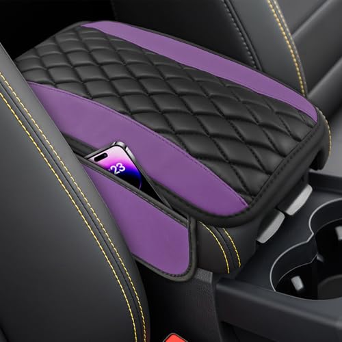 Car Center Console Cover, Anti-Slip Leather Car Armrest Decor Cushion with 2 Storage Bags, Double Color Auto Armrest Box Pad Cover, Universal Protective Cover for Cars Trucks SUV (Purple) - color: Purple