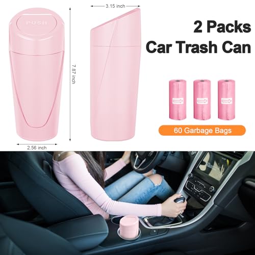 Car Trash Can, 2 Packs Mini Car Trash Bin with Lid, Leakproof Cup Holder Car Garbage Can with 60 Trash Bags, Vehicle Front Back Seat Organizers and Storage for Car, Home, Office, Pink - color: Pink
