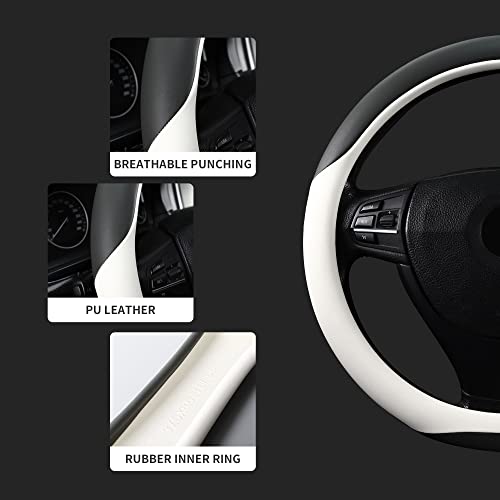 Microfiber Leather 15" Universal Fit Car Steering Wheel Cover, Elastic Nonslip Breathable and Odorless, Grey & White