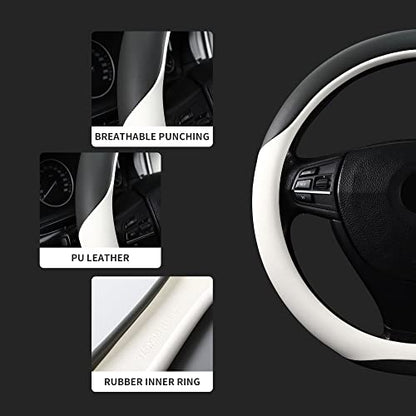 Microfiber Leather 15" Universal Fit Car Steering Wheel Cover, Elastic Nonslip Breathable and Odorless, Grey & White