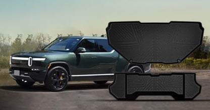 LASFIT Frunk Mats&Truck Bed Mats for Rivian R1T 2024-2022，All Weather Frunk Mats TPE Front & Rear Cargo Liner Custom Fit R1T Truck Bed Mat Black, Tasteless, Durable and Easy to Clean