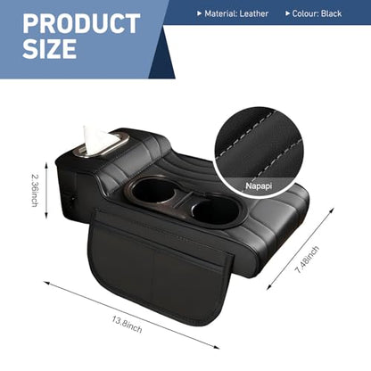 Car Armrest Cushion, Leather Center Console Cover Protector, Multifunctional Storage Pad with Dual Cup Holder, Tissue Box & Side Card Slot, Universal for Most Cars (Black) - color: Black