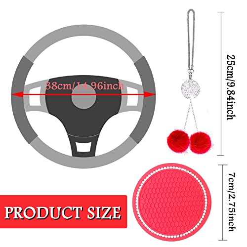 Fluffy Car Accessories Set, Fur Cute Fluffy Steering Wheel Cover & Coasters (Red) - color: red