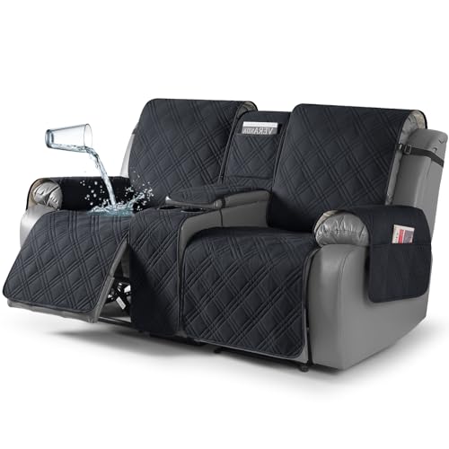 TAOCOCO Waterproof Loveseat Recliner Cover with Console, Non-Slip Reclining Loveseat with Console Cover with Pocket, Split Recliner Sofa Covers Furniture Protector for Pets Dogs(2 Seater, Black) - color: Black, size: 2 Seater