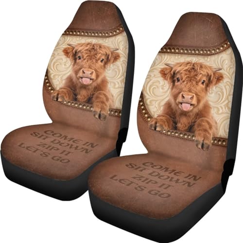 2 Pieces Car Front Seat Covers Highland Cow Print Auto Seat Protector for Cars Front Seats High Back Seats Cover for SUV, Universal Fits, Brown - color: Brown - Highland Cow