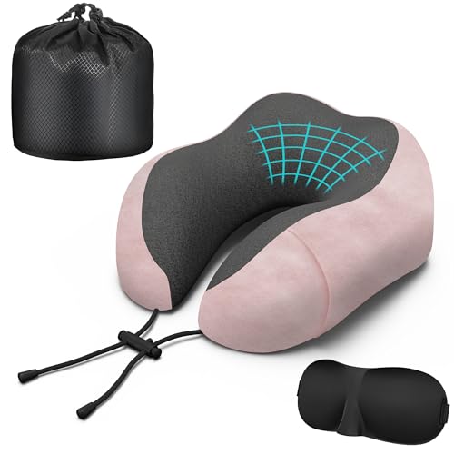 Neck Travel Pillow, Upgraded Memory Foam Pillow for Airplane, Machine Washable, Adjustable Flight Pillow, Suitable for Sleeping Airplane, Car, Office and Home (Pink)