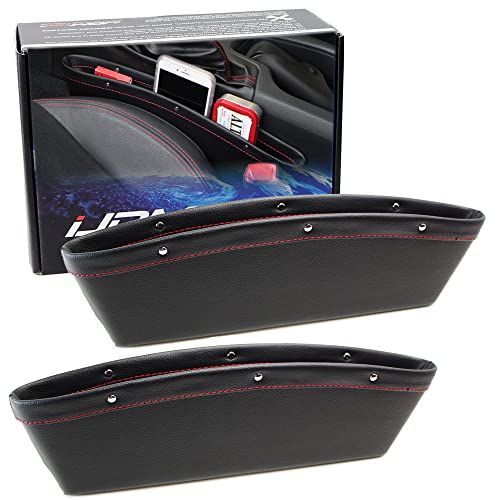 iJDMTOY Black Leather Car Side Pocket Organizers, Car Seat Catchers Compatible With Key, Wallet, Cell Phone, Sunglasses, etc