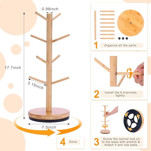 Mug Holder Tree, Upgraded 360° Rotated 8 Hooks Coffee Mug Holders for Counter, Bamboo Mug Rack Stand for Coffee Bar Accessories