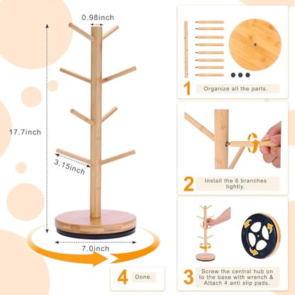 Mug Holder Tree, Upgraded 360° Rotated 8 Hooks Coffee Mug Holders for Counter, Bamboo Mug Rack Stand for Coffee Bar Accessories