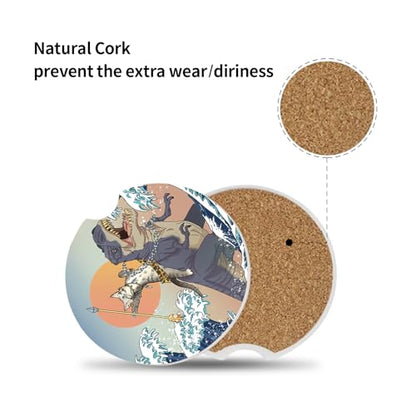 Car Coasters Pack of 2,Absorbent Ceramic Car Coasters Set for Women/Men,Drink Cup Holder Coasters,with A Finger Notch for Easy Removal(Cat and Dinosaur) - color: Cat and Dinosaur
