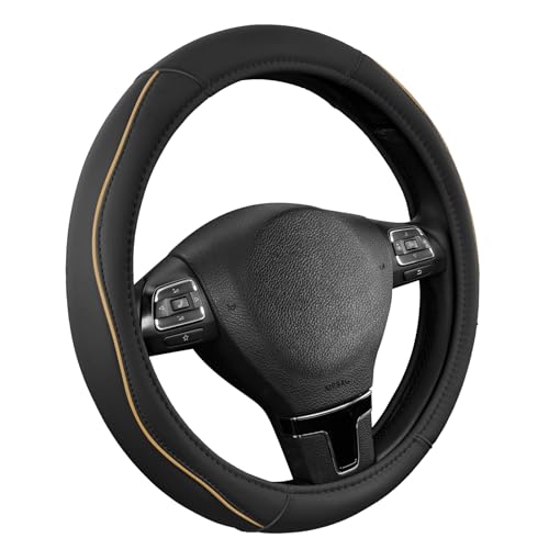 Road Comforts Leather Steering Wheel Cover with Decorative Trim and Piping, Anti-Slip Breathable Design, Fits 14.5–15 Inch Round Steering Wheels, Snug Fit, Stylish Interior Upgrade - Beige - color: Beige