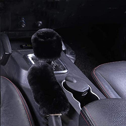 ZYNQACC 4PCS Set Fluffy Steering Wheel Covers with Handbrake Cover&Gear Shift Cover&Plush Keychain Faux Wool Furry Steering Wheel Cover For Women Auto Interior Universal Fit for 15 Inch (Black)