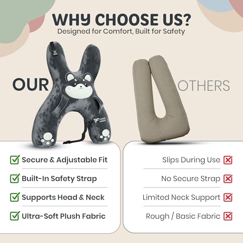 Kids Car Sleeping Pillow - X-Shaped Plush Animal for Neck & Back Support - Hands & Seat Belt Slot - Machine Washable & Compressible - Perfect for Car, Plane, Train, Boat & More - Grey