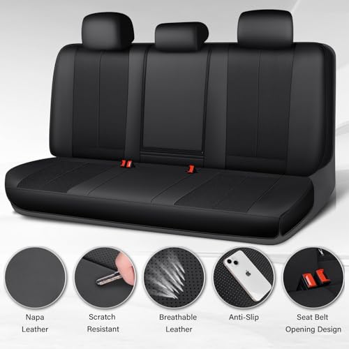 CAR PASS Back Car Seat Covers, Water Resistant Nappa Leather Rear Bench Seat Cover Universal Fit for Cars, SUVs, Vans, Trucks, Automotive Backseat (Rear, Black) - color: Pure Black, size: Rear
