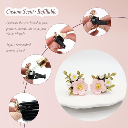 ORIESSE Flower Car Vent Clips 2pcs Pink Daisy Bouquets Flowers Air Freshener Girly Car Decorations Interior Aesthetics for Women Refillable Car Diffuser
